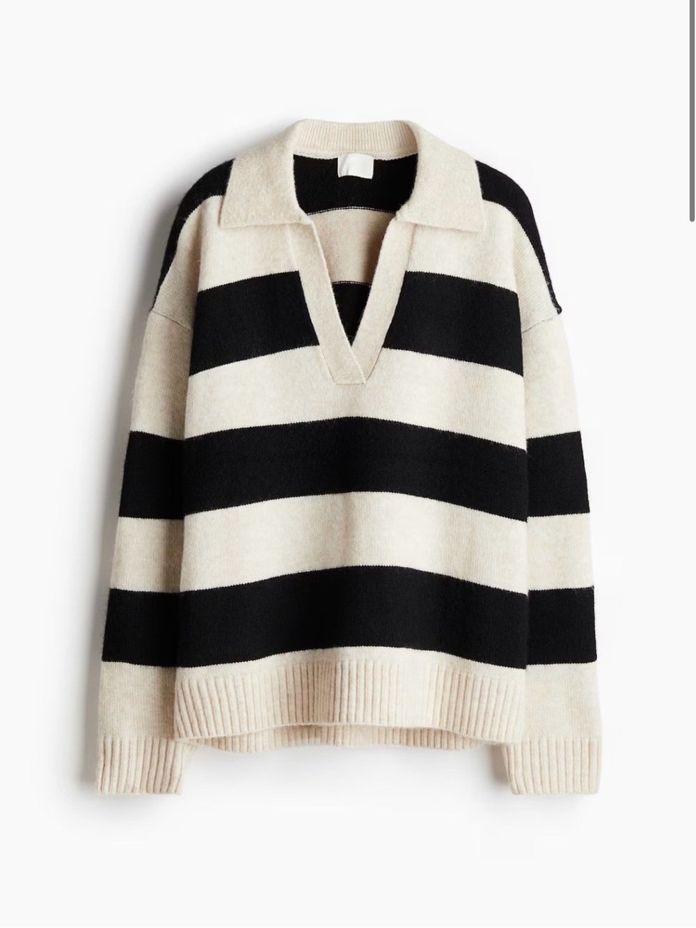 H&M Black and Cream Striped V-Neck Sweater